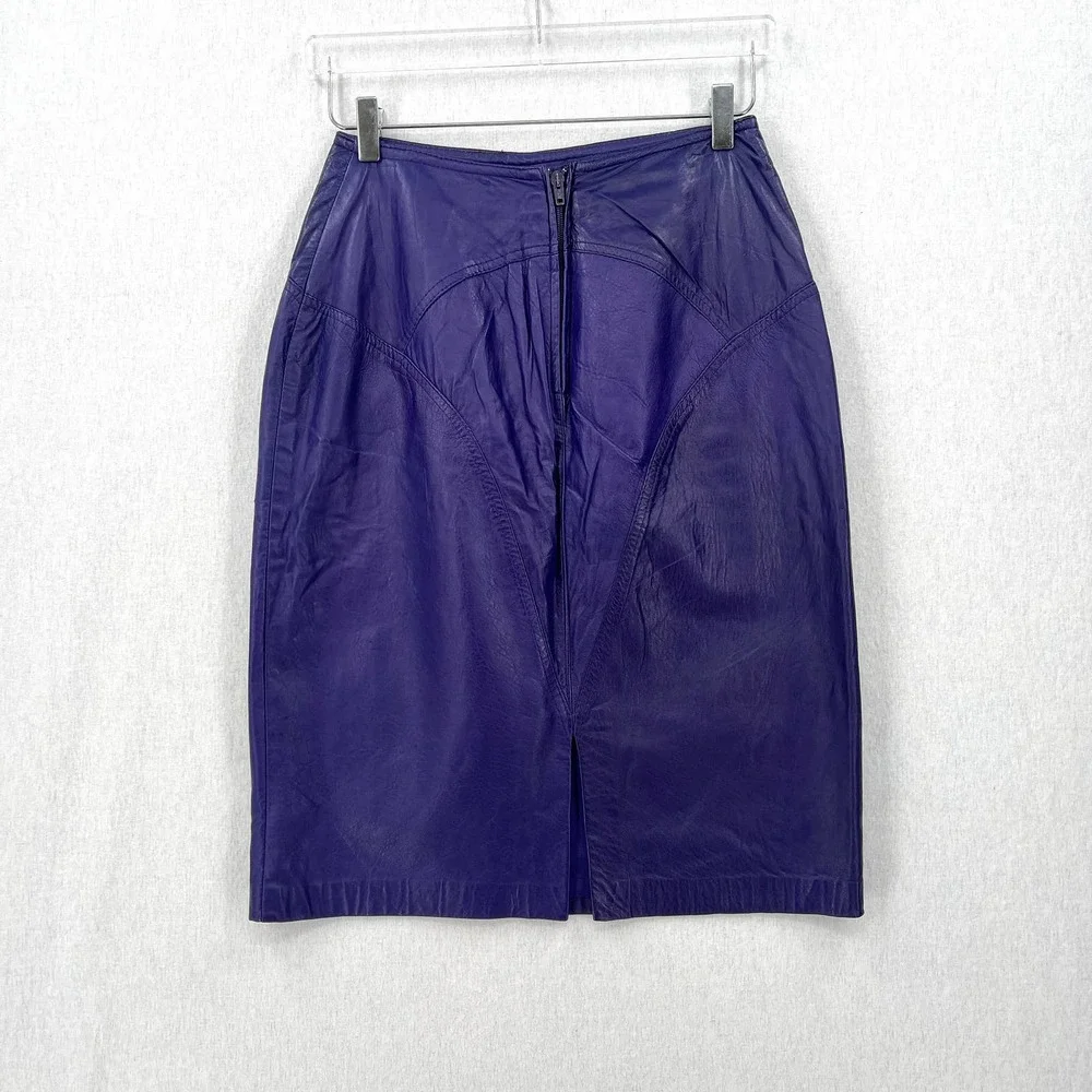 BAGATELLE Vintage 80’s Leather Pencil Skirt Womens 10 Purple Knee Length Pockets